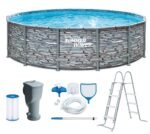 Summer Waves Frame Pool Komplettset | Rund 427x107 cm Steinoptik Grau | Aufstellpool Set | Gartenpool & Schwimmbecken inkl. Filterpumpe