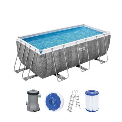 Bestway Power Steel Frame Pool, 412 x 201 x 122 cm, Komplett-Set mit Filterpumpe, eckig, grau, 1056722GSX21, Braun