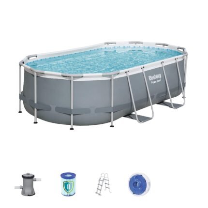 Bestway 56620 Power Steel Pool 424x250x100 cm, Ovaler Stahlrahmenpool-Set mit Filterpumpe, grau