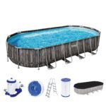 Bestway Power Steel Frame Pool Komplett-Set mit Filterpumpe 732 x 366 x 122 cm , Holz-Optik (Mooreiche), oval